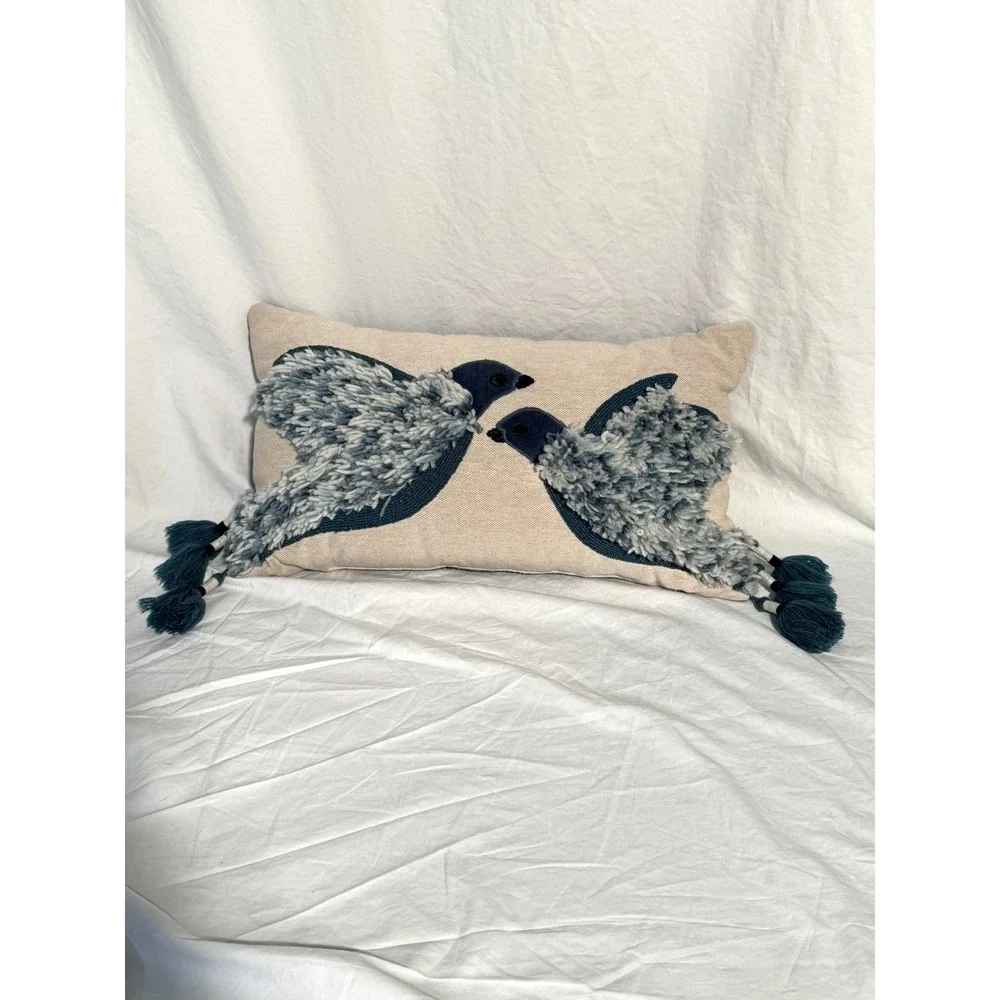 Blue Birds Accent Throw Pillow Beaded & Tassels Great Condition